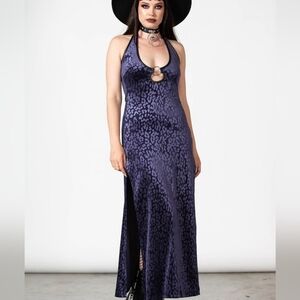 Killstar Maxi Halter Dress Purple Leopard Velvet